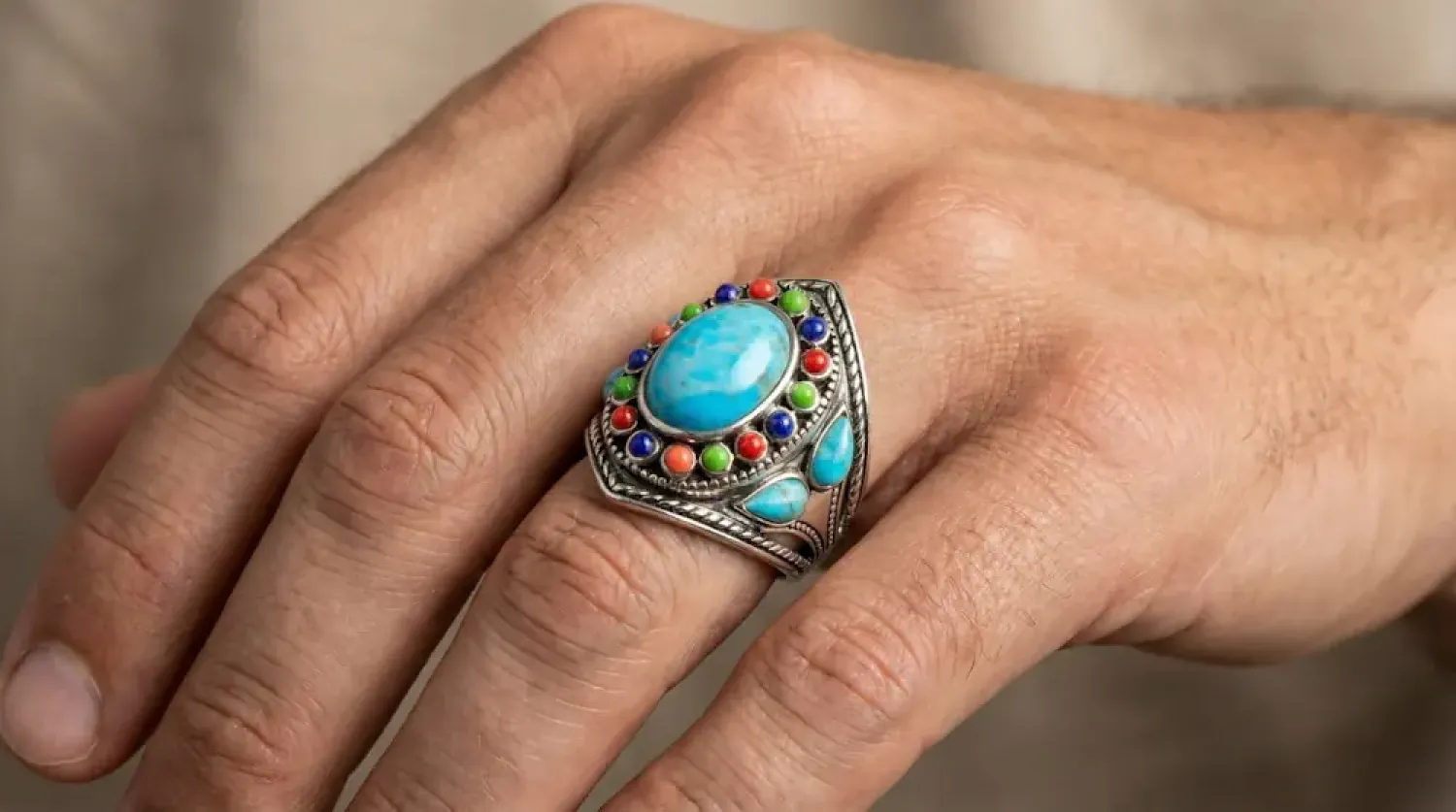 Preview: Ring Crazy Horse 925 Sterling Silber mit Türkis, Koralle, Lapislazuli Steine